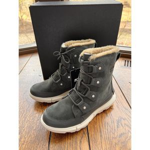 New Women Sorel Explorer II Joan Boots Gray Grill Fawn Waterproof Faux Fur Sz 8